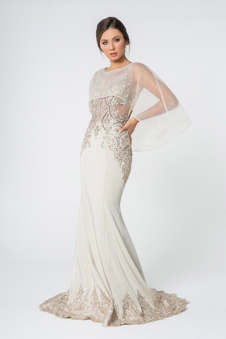 Long Formal Dress Evening Gown Cape Sleeves - The Dress Outlet Elizabeth K Champagne