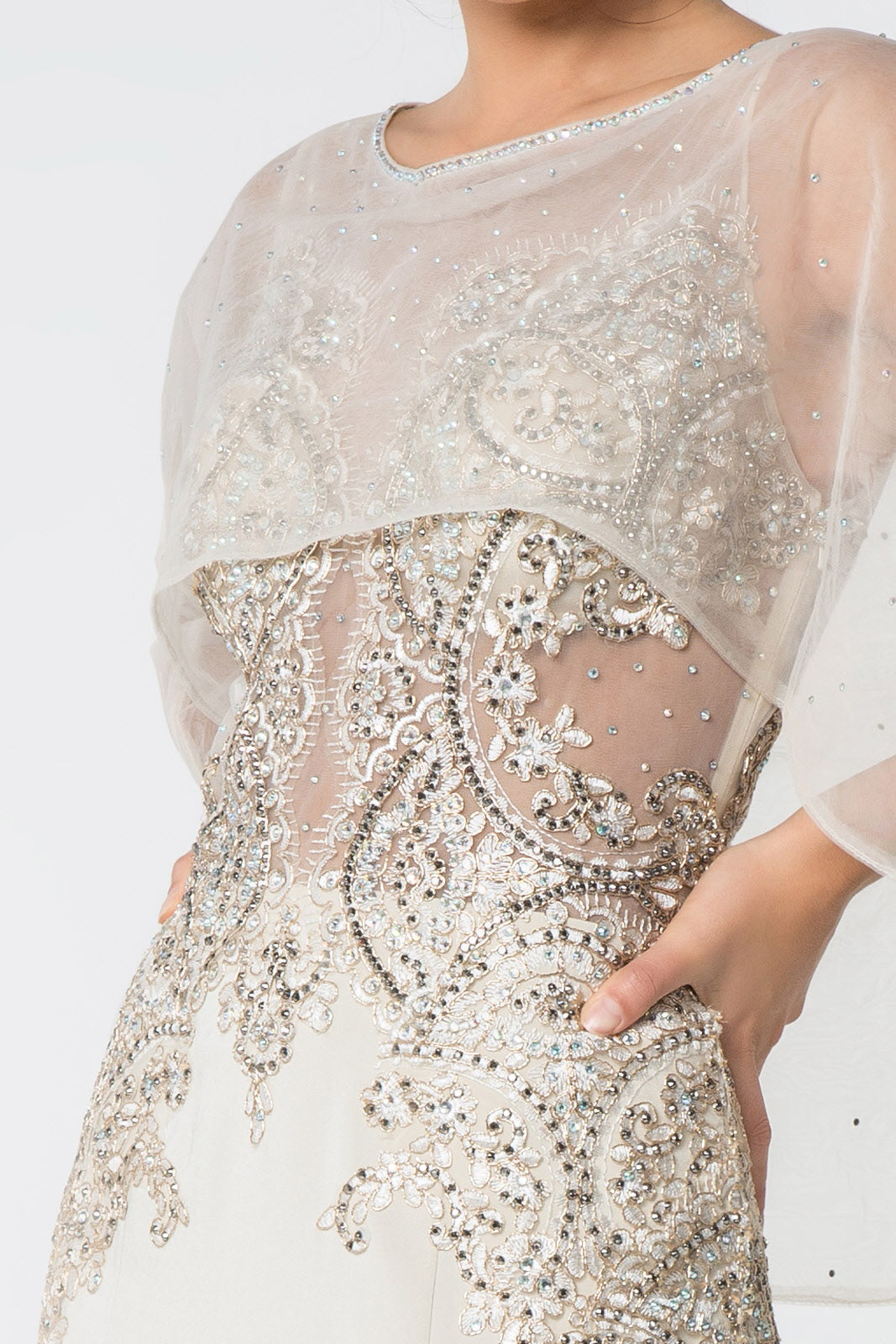 Long Formal Dress Evening Gown Cape Sleeves - The Dress Outlet Elizabeth K Champagne