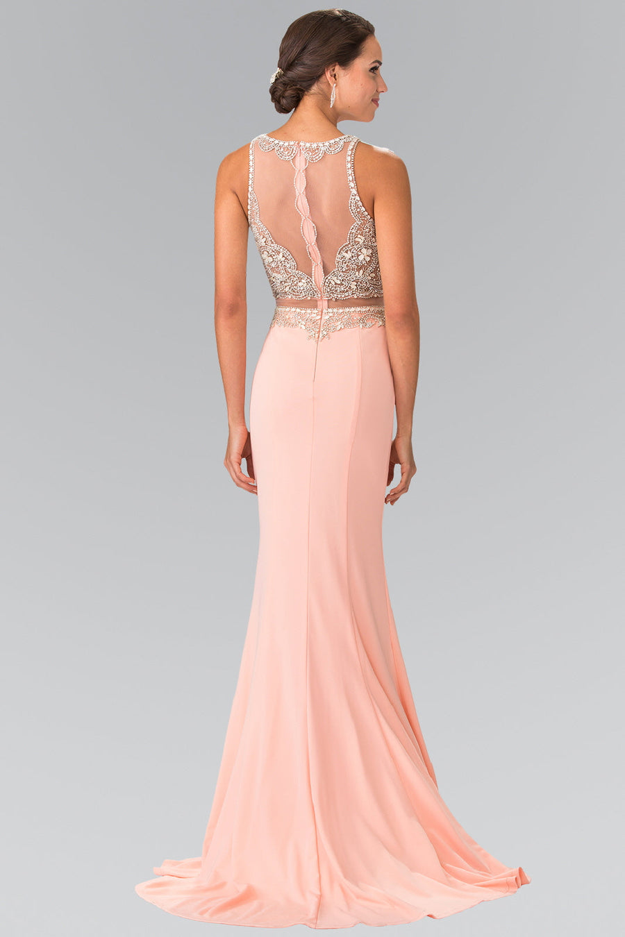 Prom Long Beaded Dress Formal Evening Gown - The Dress Outlet Peach