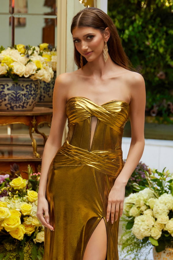 Prom Dresses Fitted Prom Long Metallic Formal Dress Gold