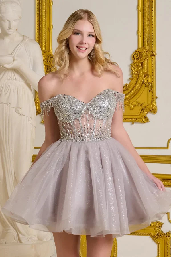 Short Homecoming A Line Glitter Sequin Prom Dress Silver