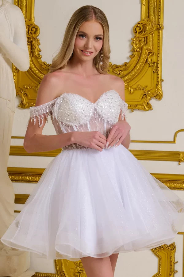 Short Homecoming A Line Glitter Sequin Prom Dress White