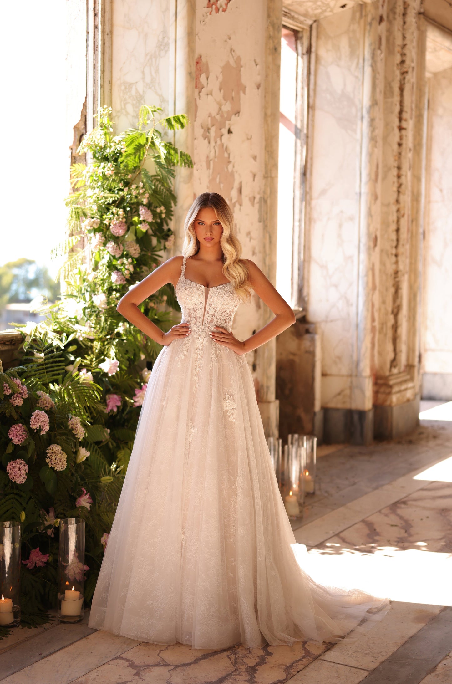 Wedding Dresses A Line Long Bridal Lace Wedding Dress Ivory/Ivory