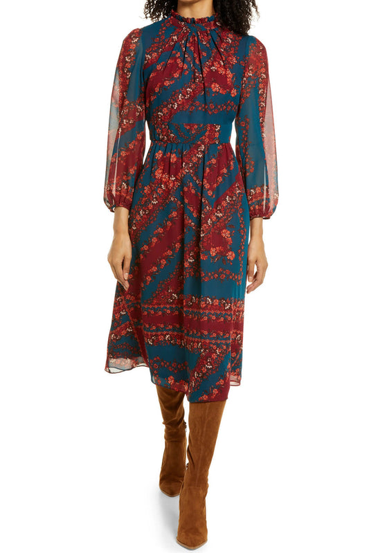 Cocktail Dresses Floral Long Sleeve A Line Midi Cocktail Dress Teal Multi