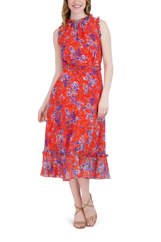 Cocktail Dresses Short Ruffle Printed Cocktail Midi Dress Orange Multi