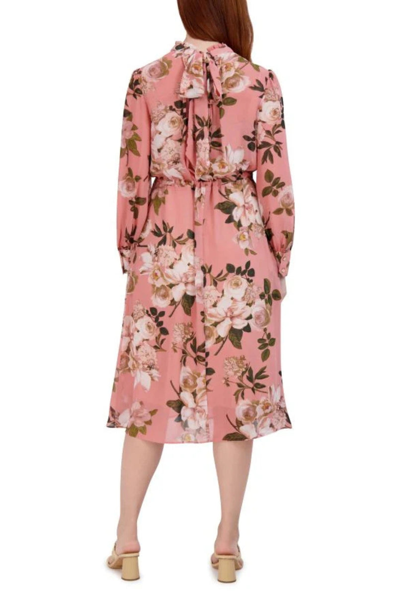 Cocktail Dresses Floral Print Long Sleeve Ruffle Midi Dress Blush Multi