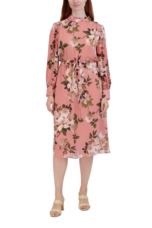 Cocktail Dresses Floral Print Long Sleeve Ruffle Midi Dress Blush Multi