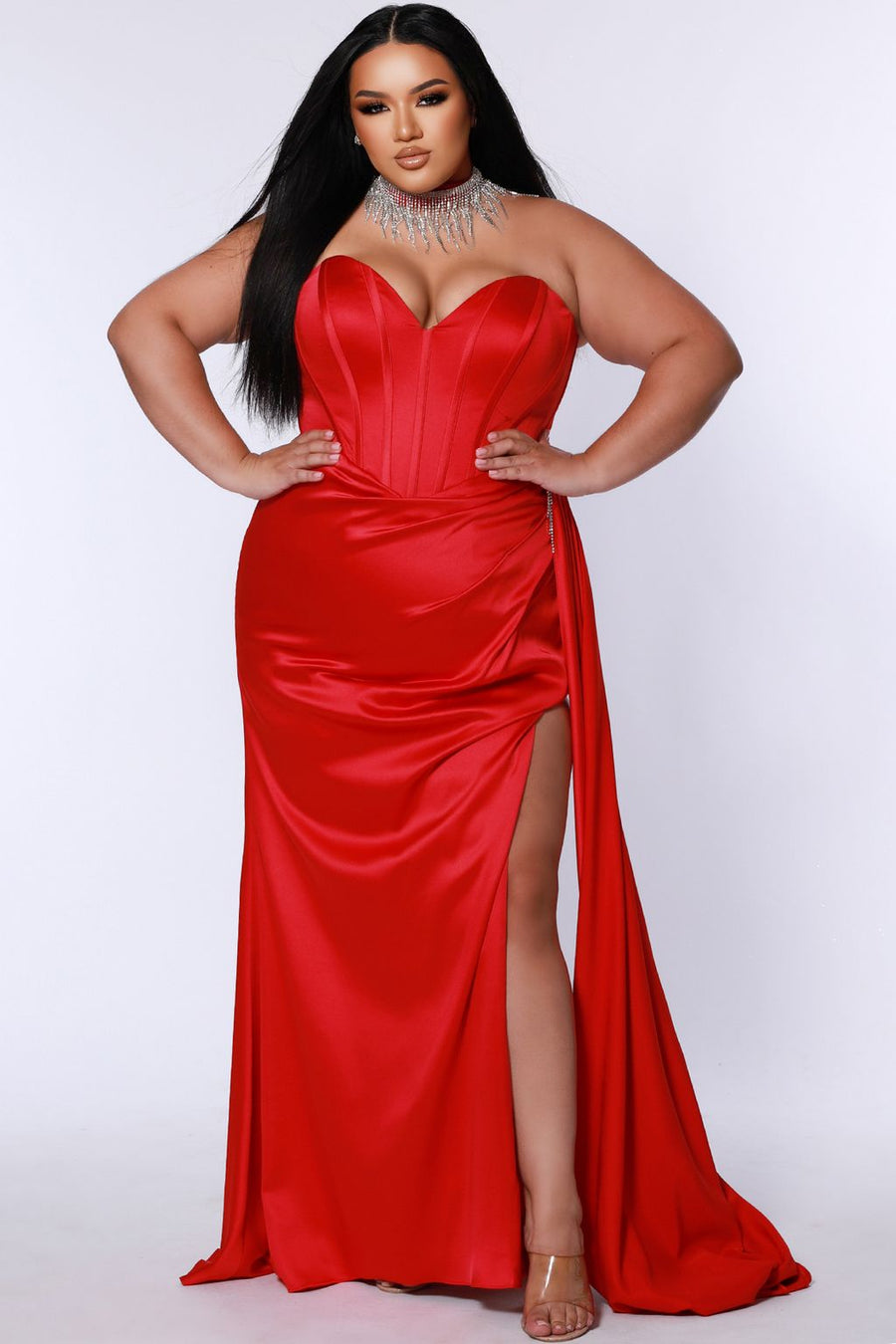 Plus Size Dresses Long Fitted High Slit Formal Plus Size Prom Dress Scarlet