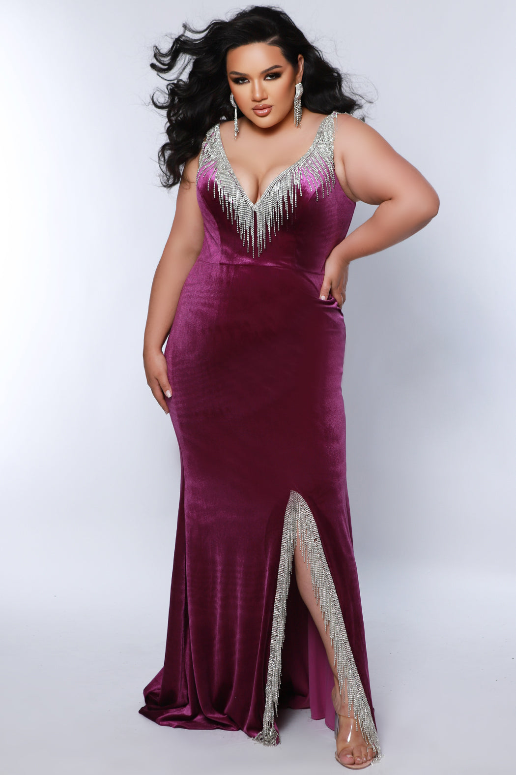 Plus Size Dresses Long Fitted Beaded Slit Formal Velvet Plus Size Evening Dress Purple