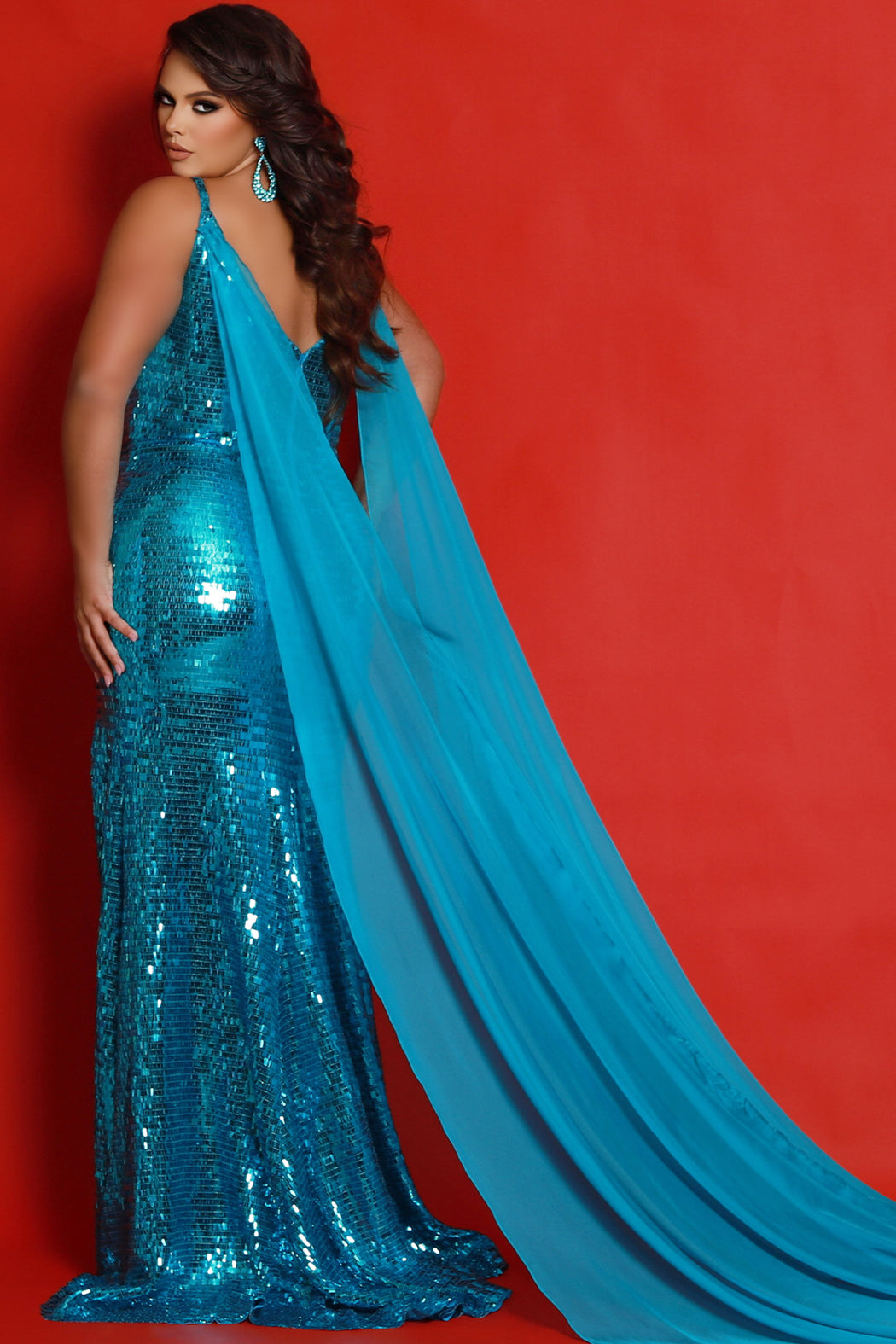 Plus Size Dresses Fitted Sequin Long Slit Formal Evening Plus Size Dress Turquoise