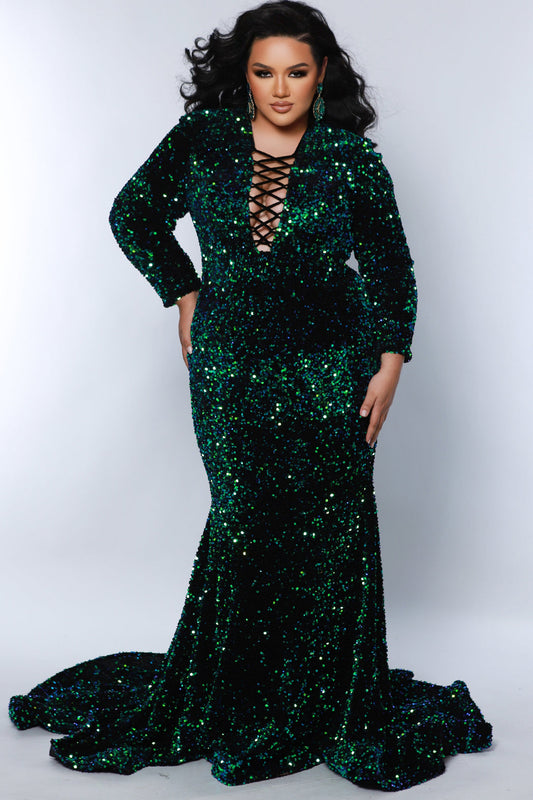 Plus Size Dresses Mermaid Long Formal Velvet Sequin Evening Plus Size Dress  Peacock