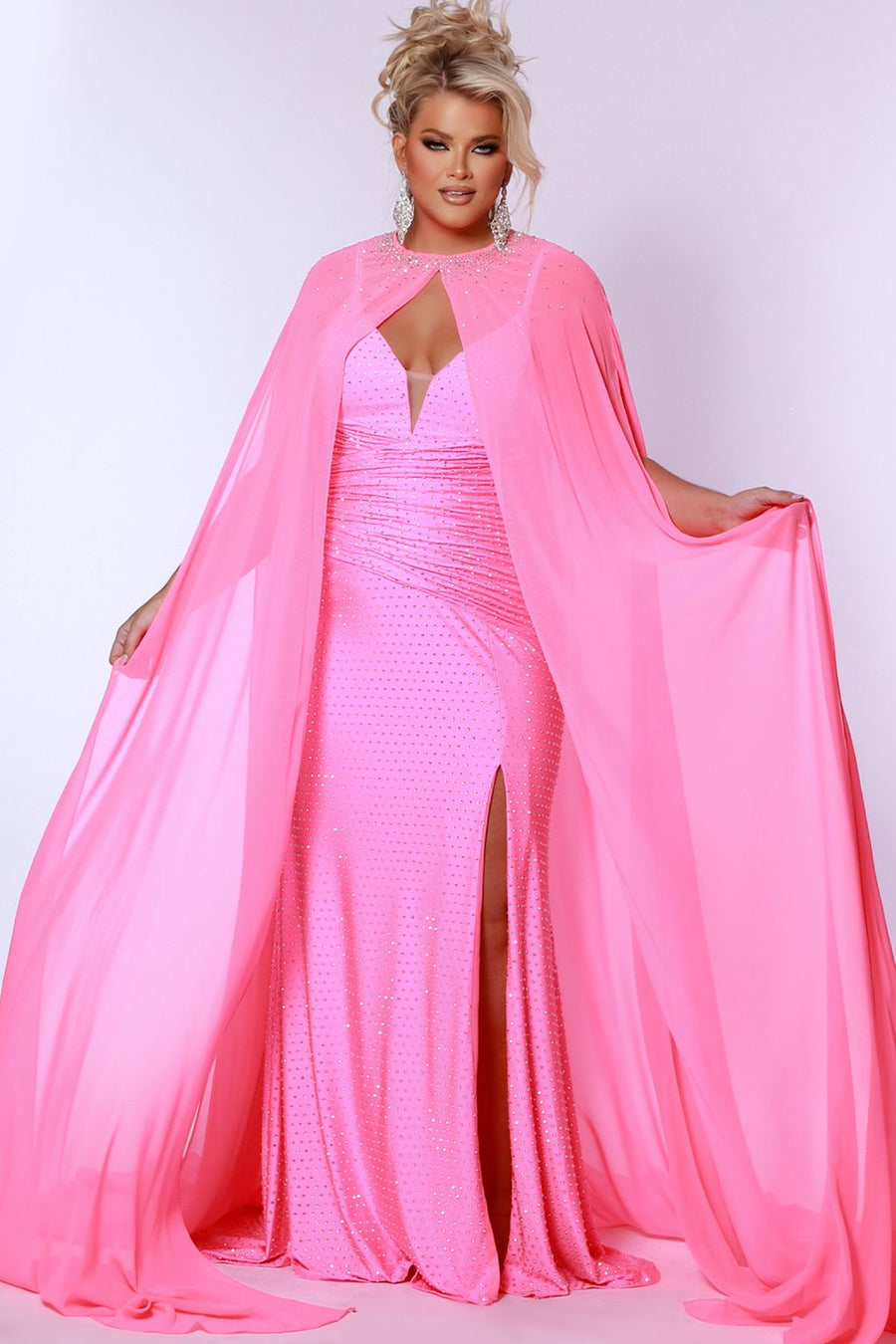 Plus Size Dresses Fitted Long Slit Ruched Plus Size Prom Dress Hot Pink