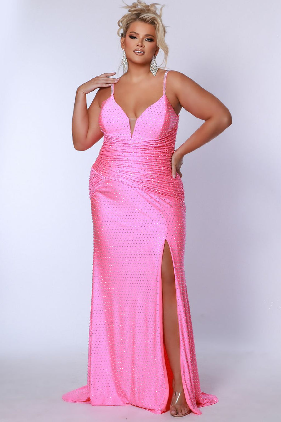 Plus Size Dresses Fitted Long Slit Ruched Plus Size Prom Dress Hot Pink