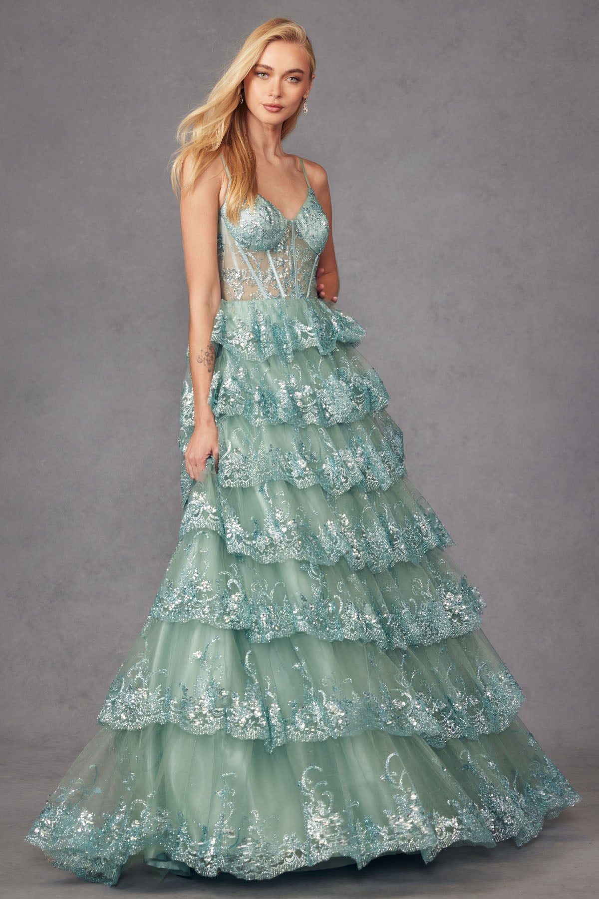Prom Dresses Ruffle Skirt Corset Bodice Long Formal Prom Gown Sea Green