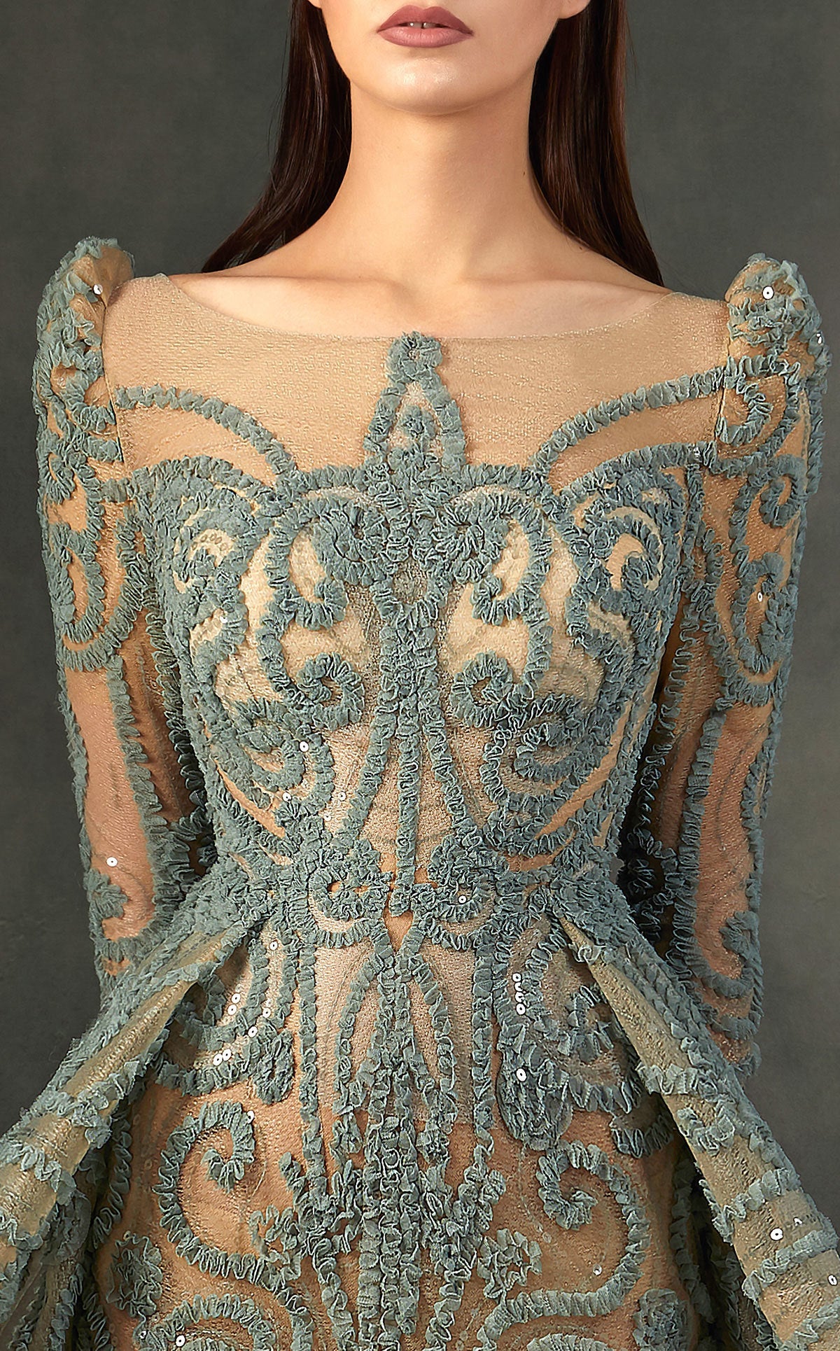 Formal Dresses Long Sleeve Formal Peplum Detachable Overskirt Evening Dress Aqua