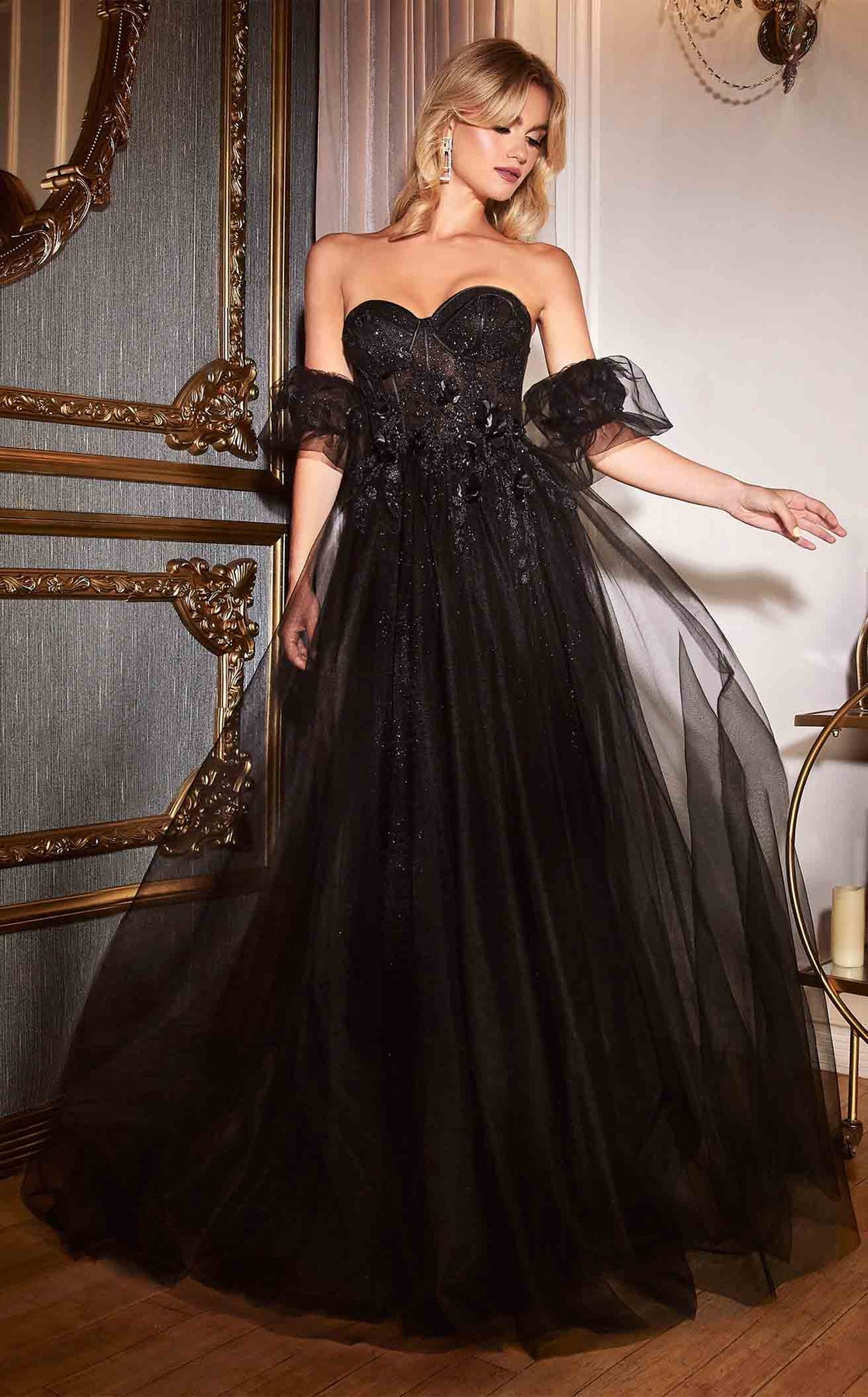 Prom Dresses Long Ball Gown Layered Formal Floral Prom Dress Black