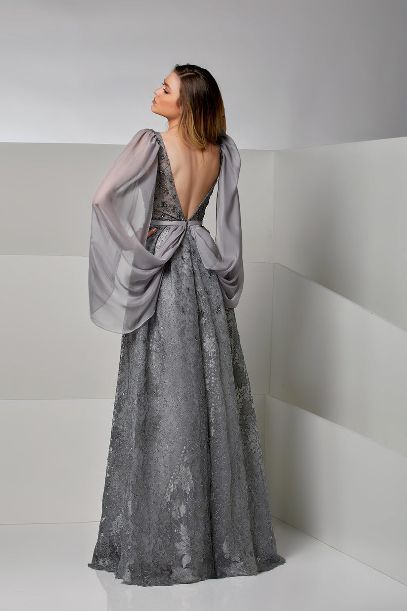 Formal Dresses A Line Long Lace Floral Formal Evening Dress Metallic Anthracite