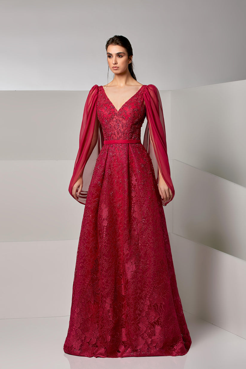 Formal Dresses A Line Long Lace Floral Formal Evening Dress Red
