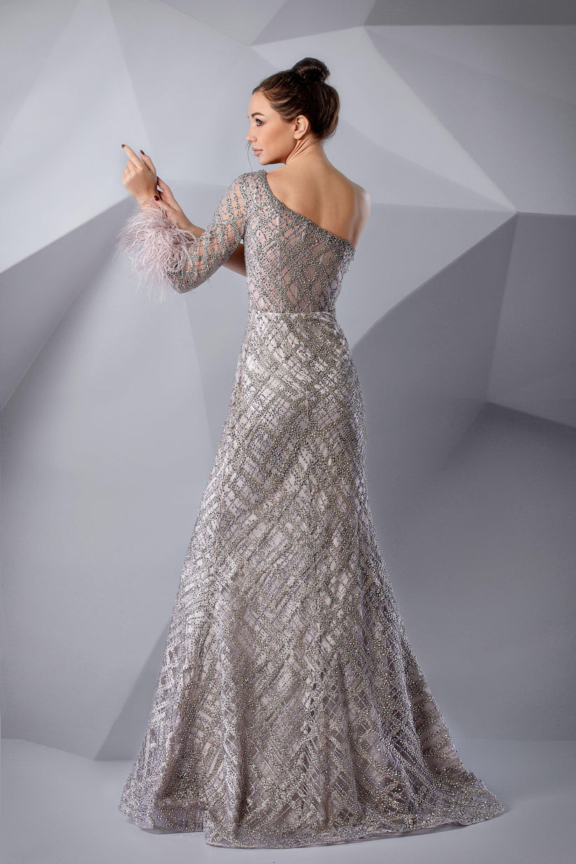 Prom Dresses Beaded Long Formal Slit Feather Prom Dress Mauve Chalk