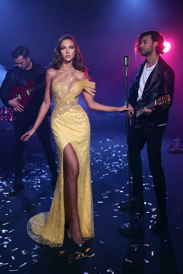 Prom Dresses Fitted Prom Long Formal Beaded Slit Dress Yellow