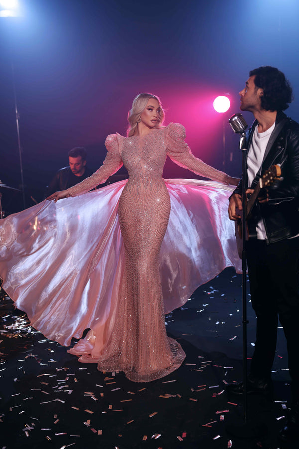 Formal Dresses Long Sleeve Formal Overskirt Evening Dress Misty Rose