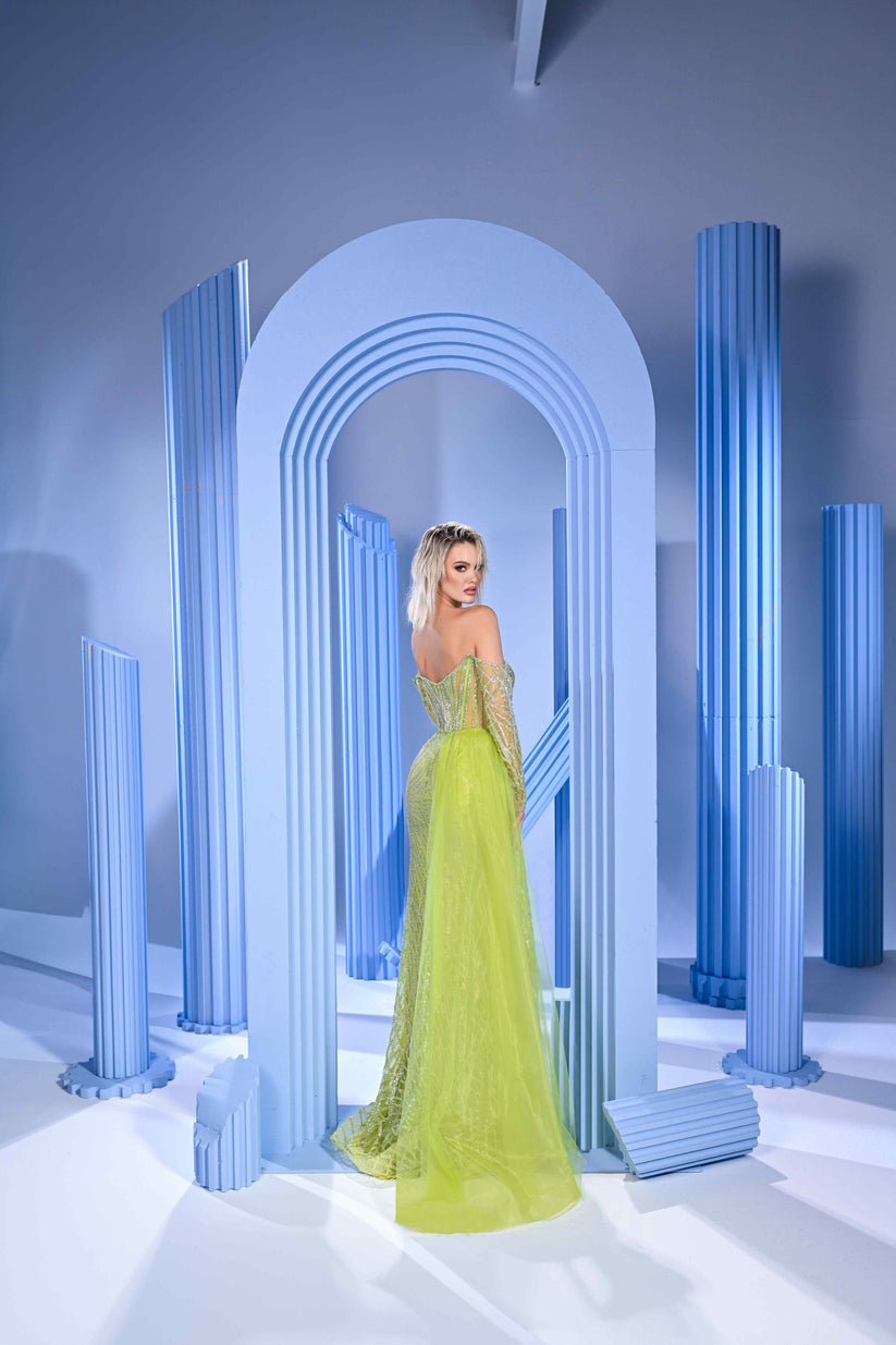 Prom Dresses Formal Long Beaded Slit Overskirt Prom Dress Green
