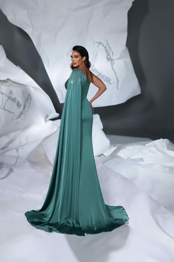 Prom Dresses Pleated Long Formal Beaded Cape Prom Evening Dress Teal