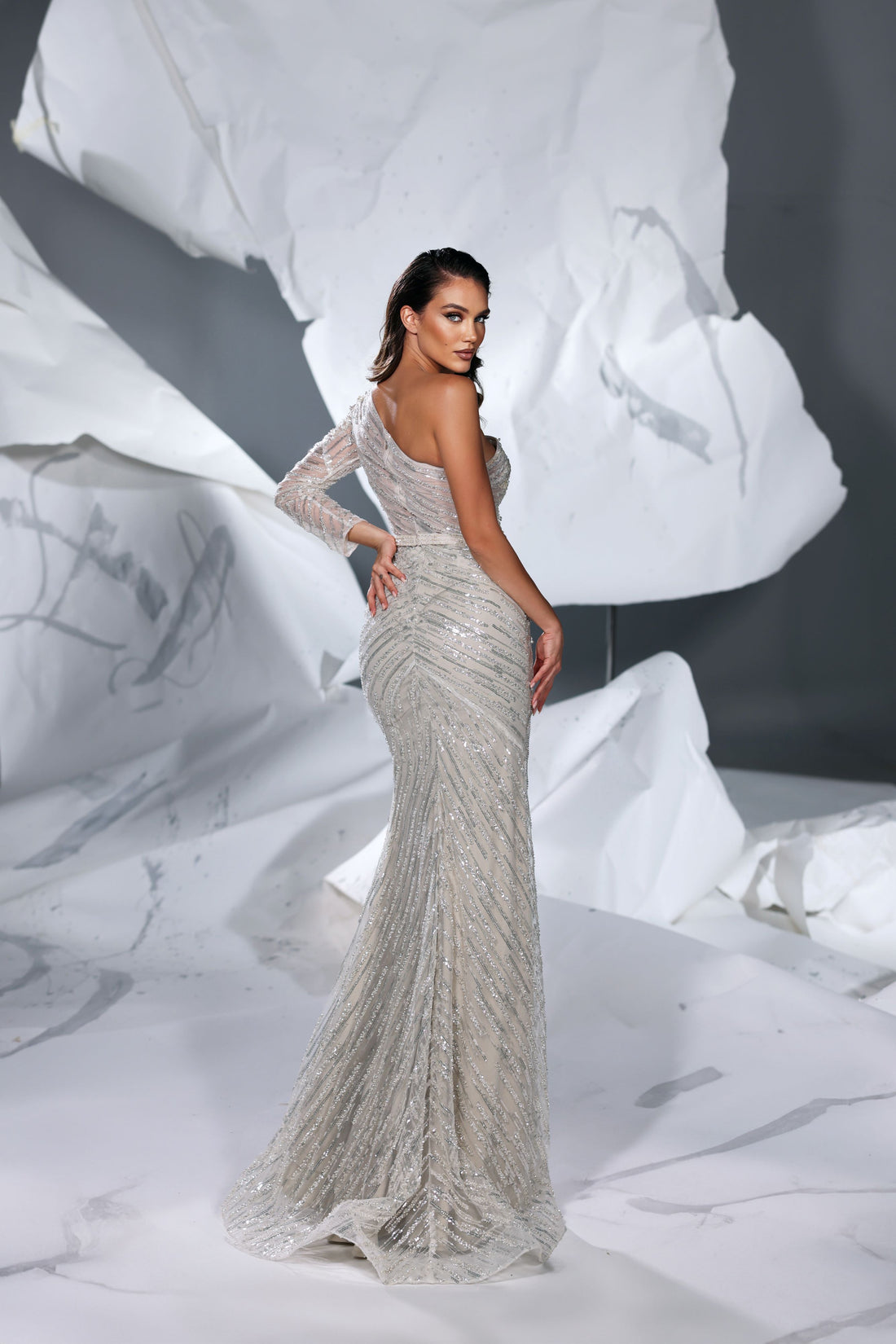 Prom Dresses Long Beaded Formal Fitted Slit Prom Dress Apricot