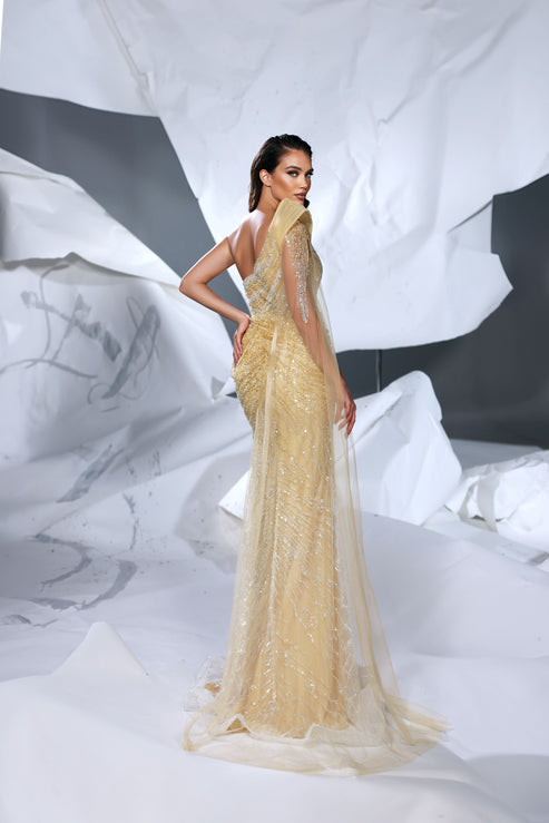 Prom Dresses Beaded Long Mermaid Formal Cape Prom Dress Gold/Yellow