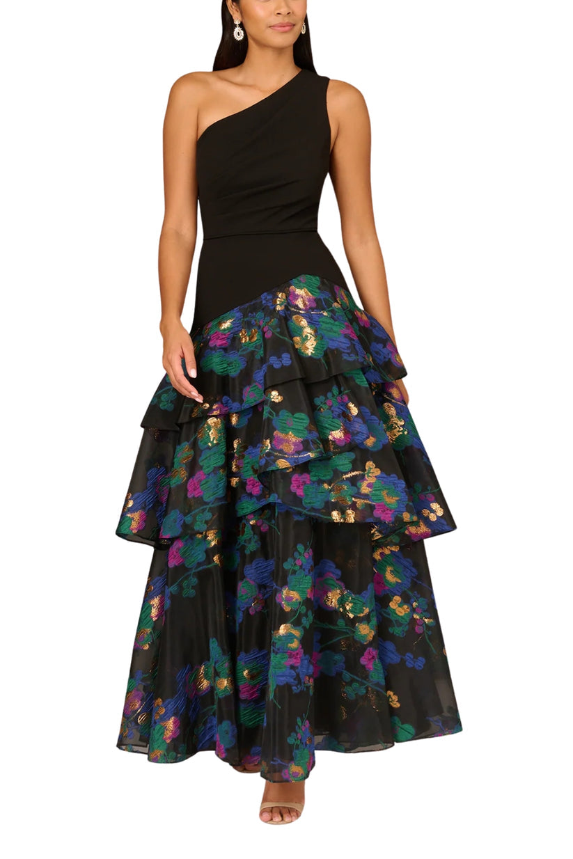 Formal Dresses Floral Print Long Formal Tiered Evening Dress Black Multi