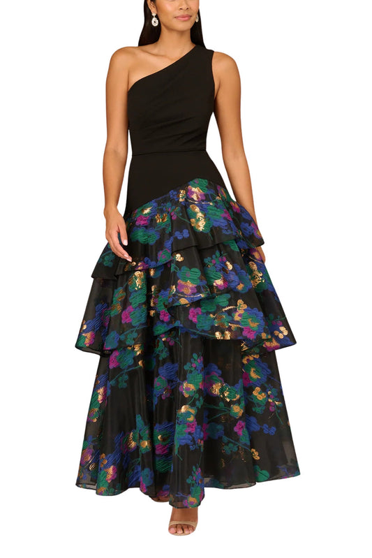 Formal Dresses Floral Print Long Formal Tiered Evening Dress Black Multi