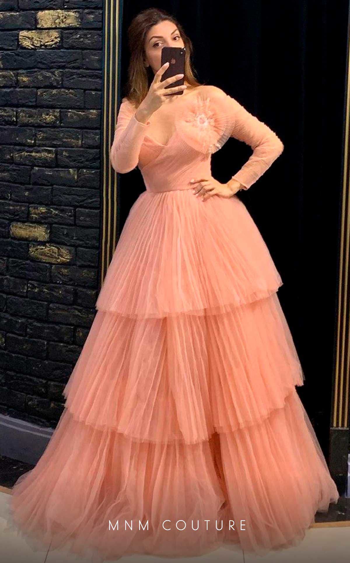 Formal Dresses Long Sleeve Floral A Line Formal Pleated Evening Dress Salmon