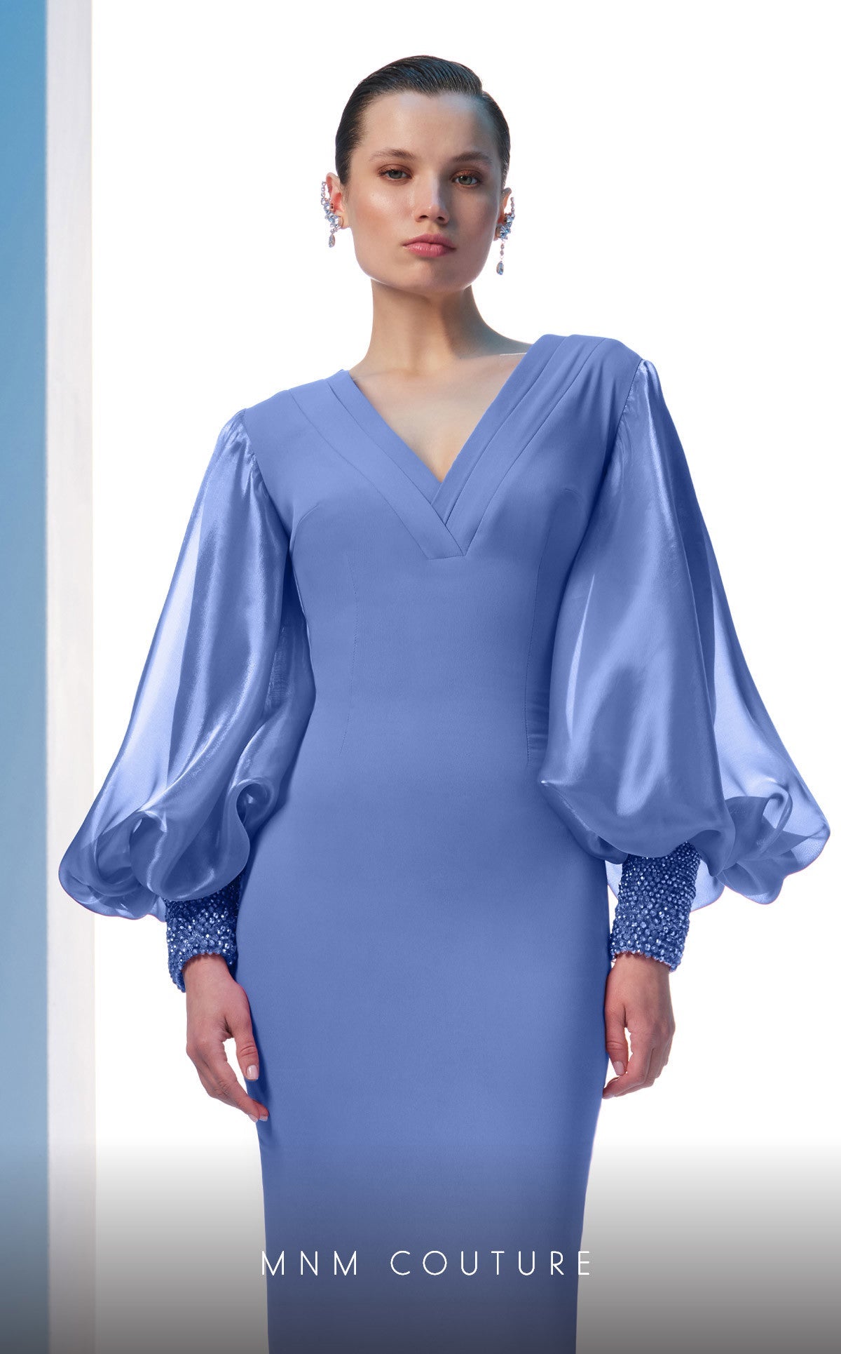 Formal Dresses Beaded Long Sleeve Formal Pleated Evening Dress Blue