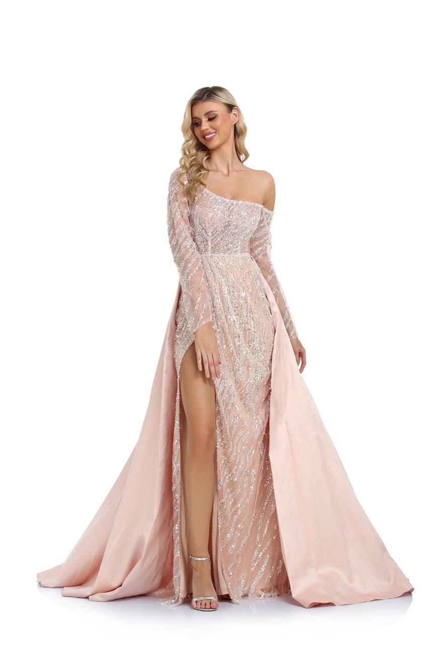 فستان رسمي طويل بكتف واحد من مجموعة High Couture NR2273، لون الشمبانيا