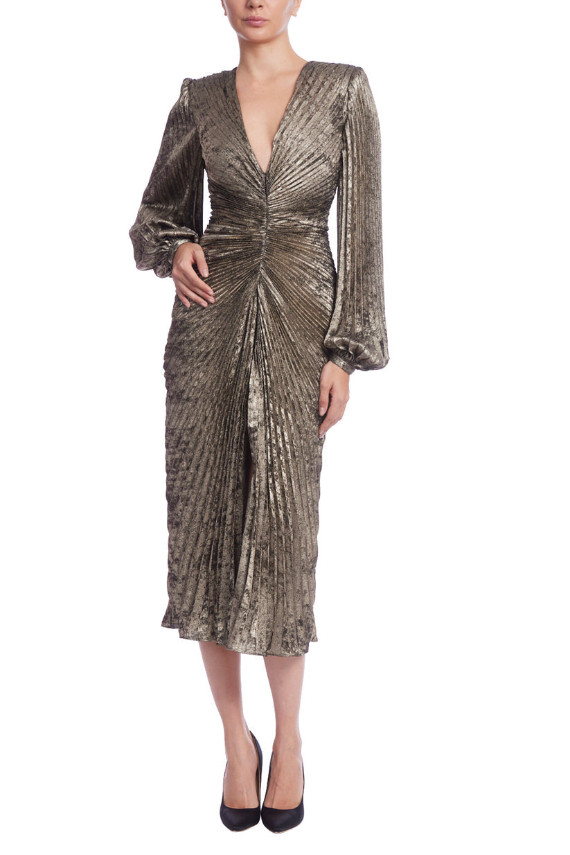Cocktail Dresses Long Sleeve Metallic Cocktail Midi Dress Pewter