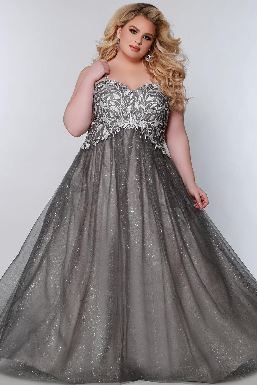 Long Plus Size Ball Gown Glitter Prom Dress Platinum