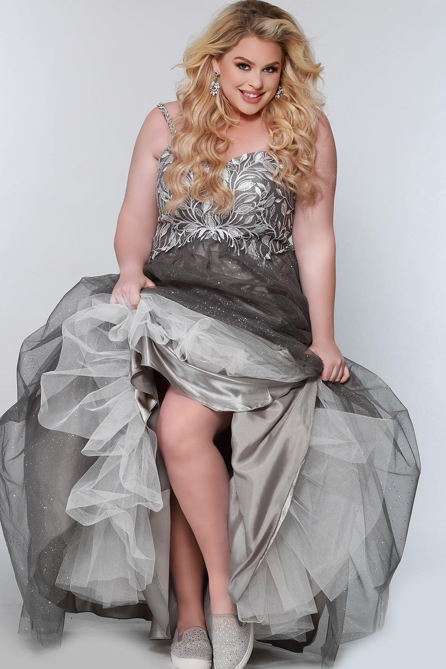 Long Plus Size Ball Gown Glitter Prom Dress Platinum