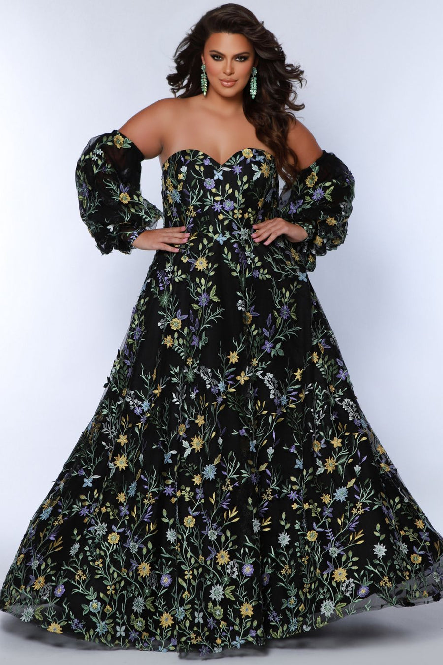 Plus Size Dresses Long Floral Pattern A Line Prom Plus Size Dress Black Floral