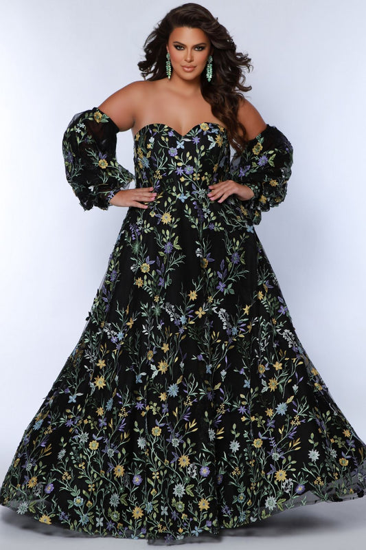 Plus Size Dresses Long Floral Pattern A Line Prom Plus Size Dress Black Floral