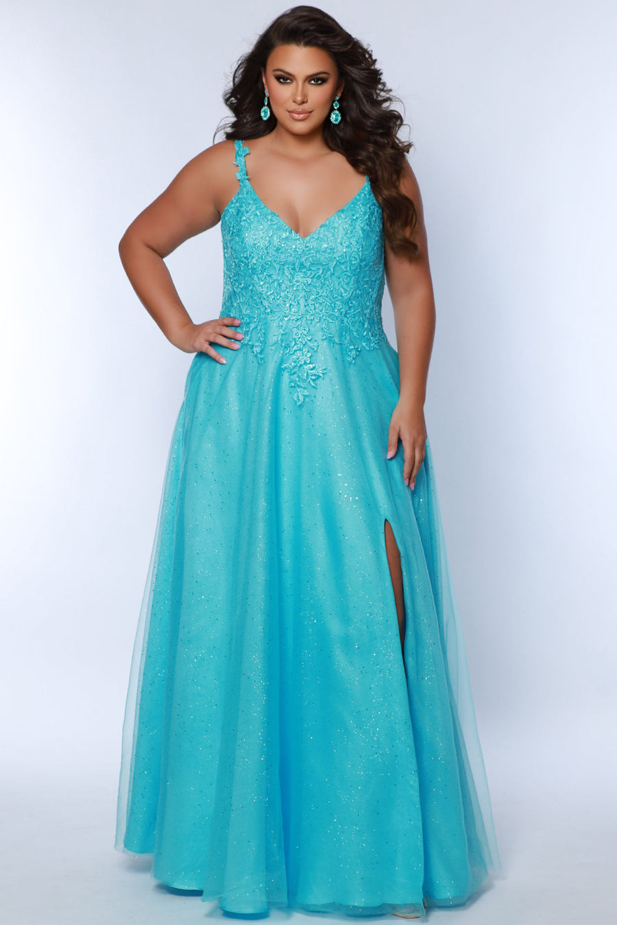 Plus Size Dresses Long Plus Size Glitter Lace Prom Dress Sky