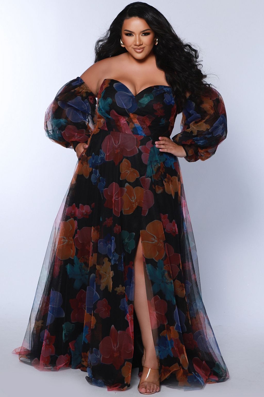 Plus Size Dresses Printed A Line Long Floral Slit Plus Size Prom Dress  Multi Floral