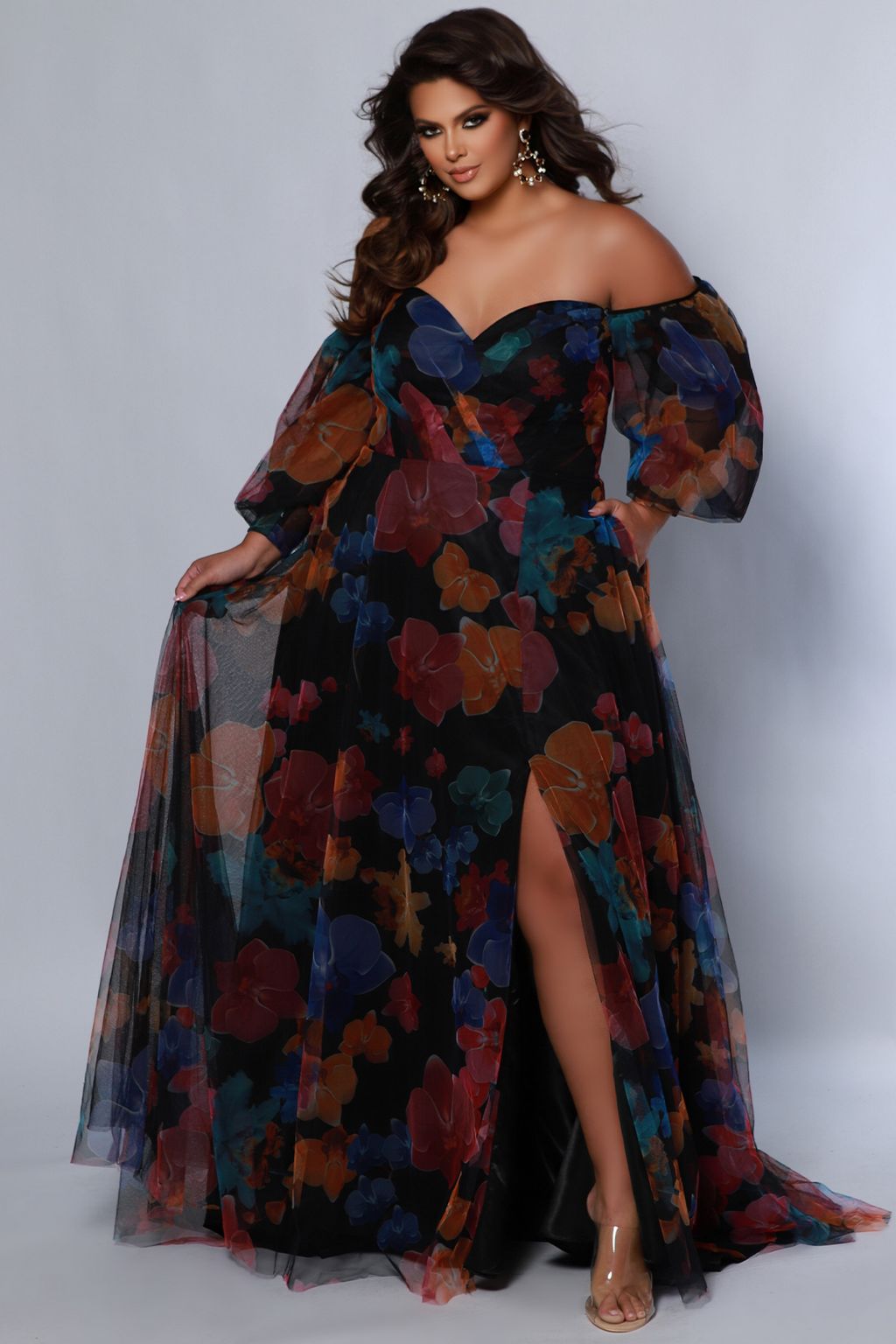 Plus Size Dresses Printed A Line Long Floral Slit Plus Size Prom Dress  Multi Floral