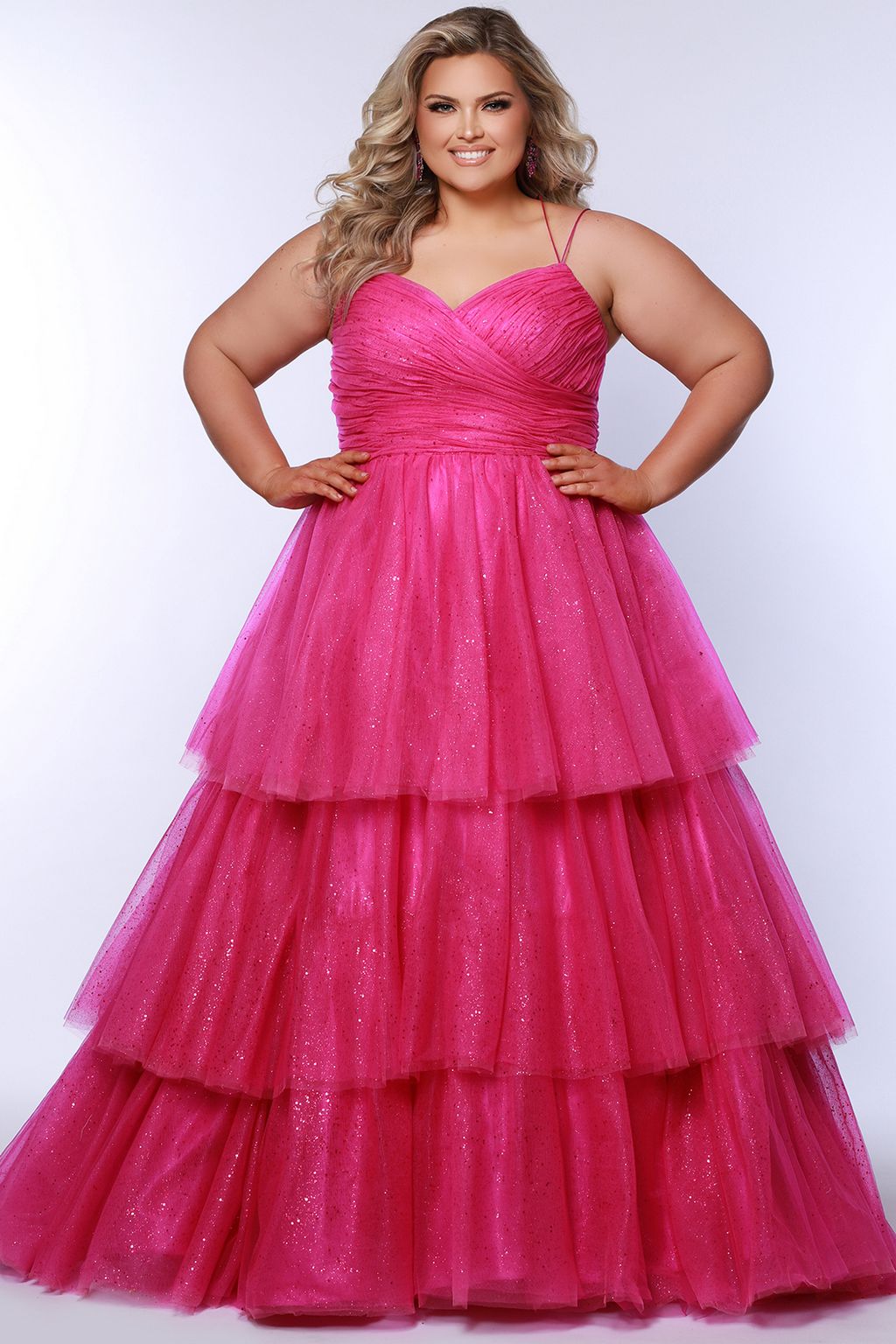 Plus Size Dresses Long Ball Gown Pleated Formal Prom Glitter Plus Size Dress Pink