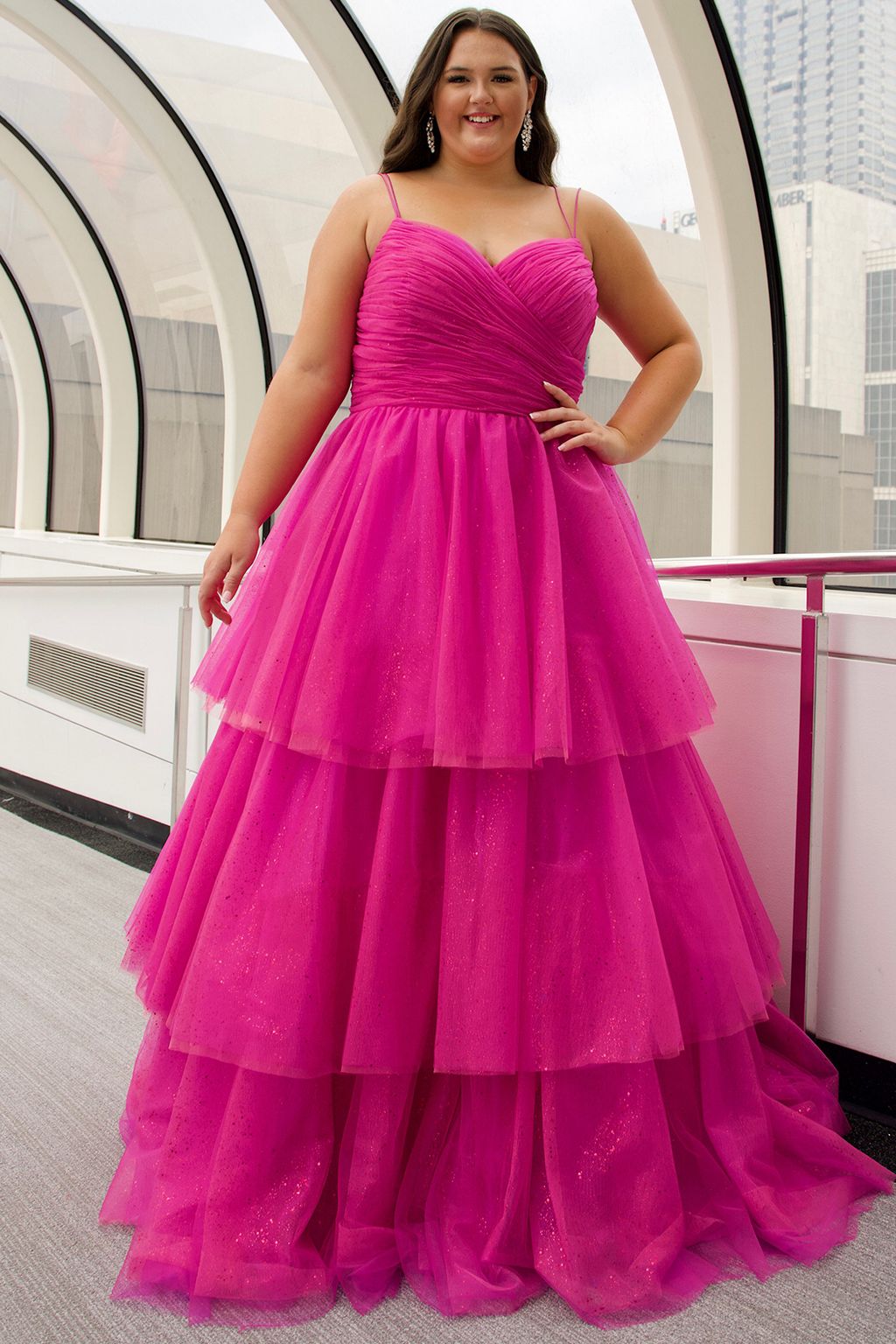 Plus Size Dresses Long Ball Gown Pleated Formal Prom Glitter Plus Size Dress Pink