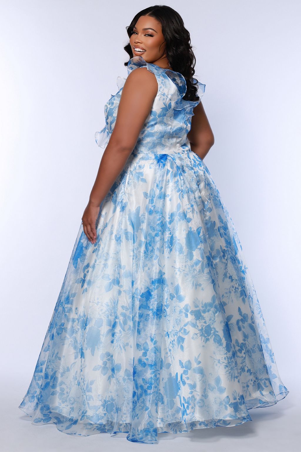 Plus Size Dresses A Line Long Floral Formal Printed Plus Size Prom Dress Blue Floral
