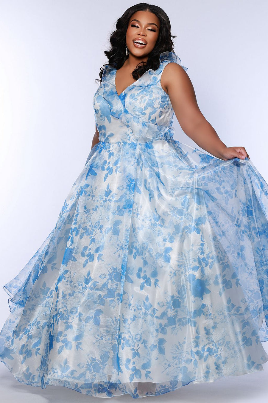 Plus Size Dresses A Line Long Floral Formal Printed Plus Size Prom Dress Blue Floral