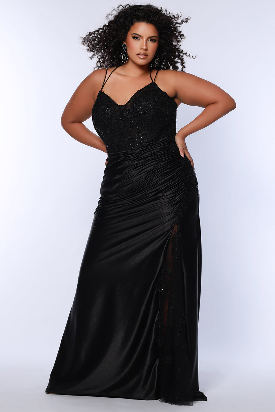 Plus Size Dresses Fitted Lace Long Slit Formal Plus Size Prom Dress Onyx