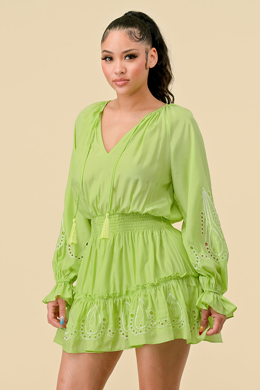 Cocktail Dresses V Neck Long Sleeve Mini Dress L. Green