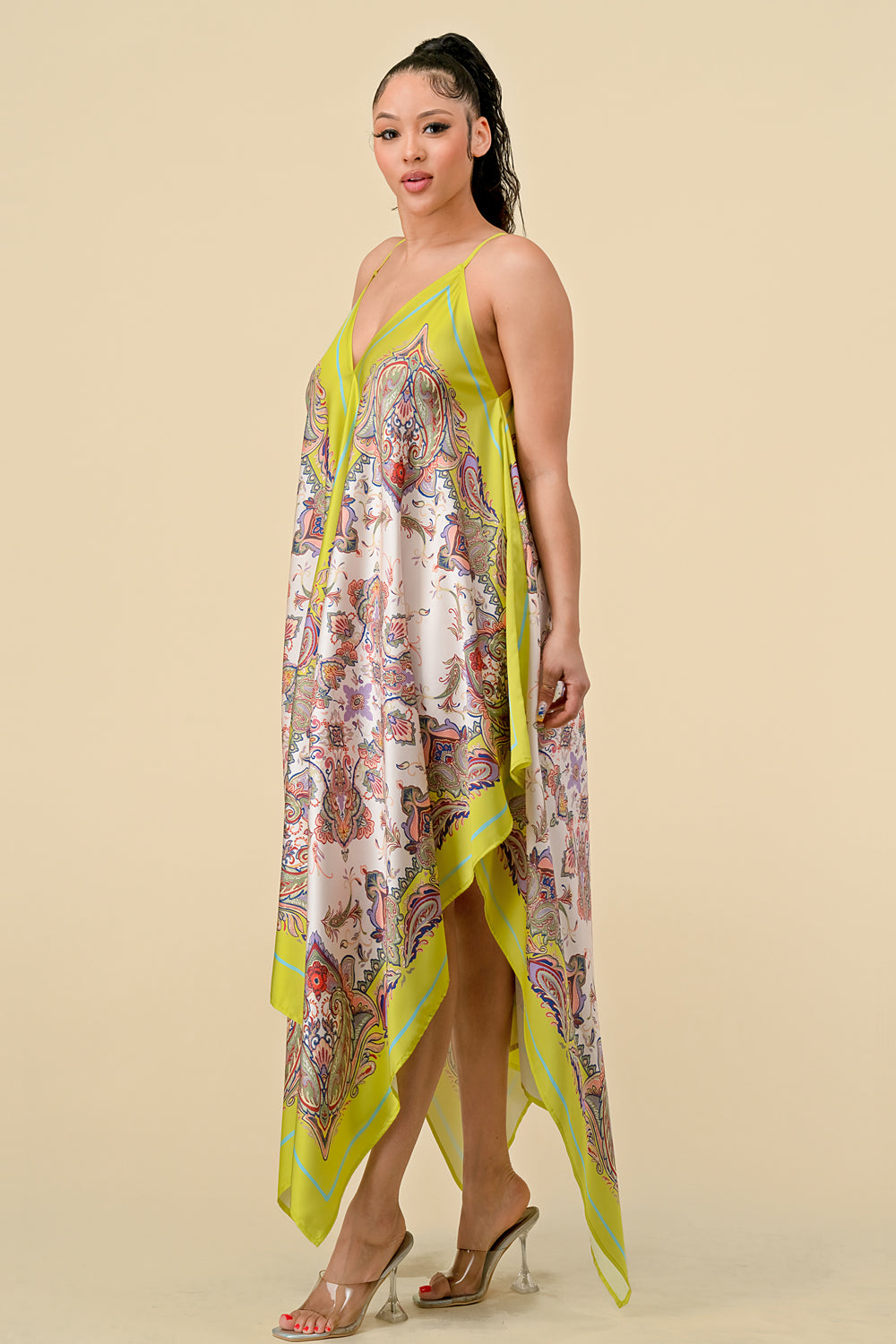 Cocktail Dresses Spaghetti Strap Scarf Boarder Print Dress Neon Green