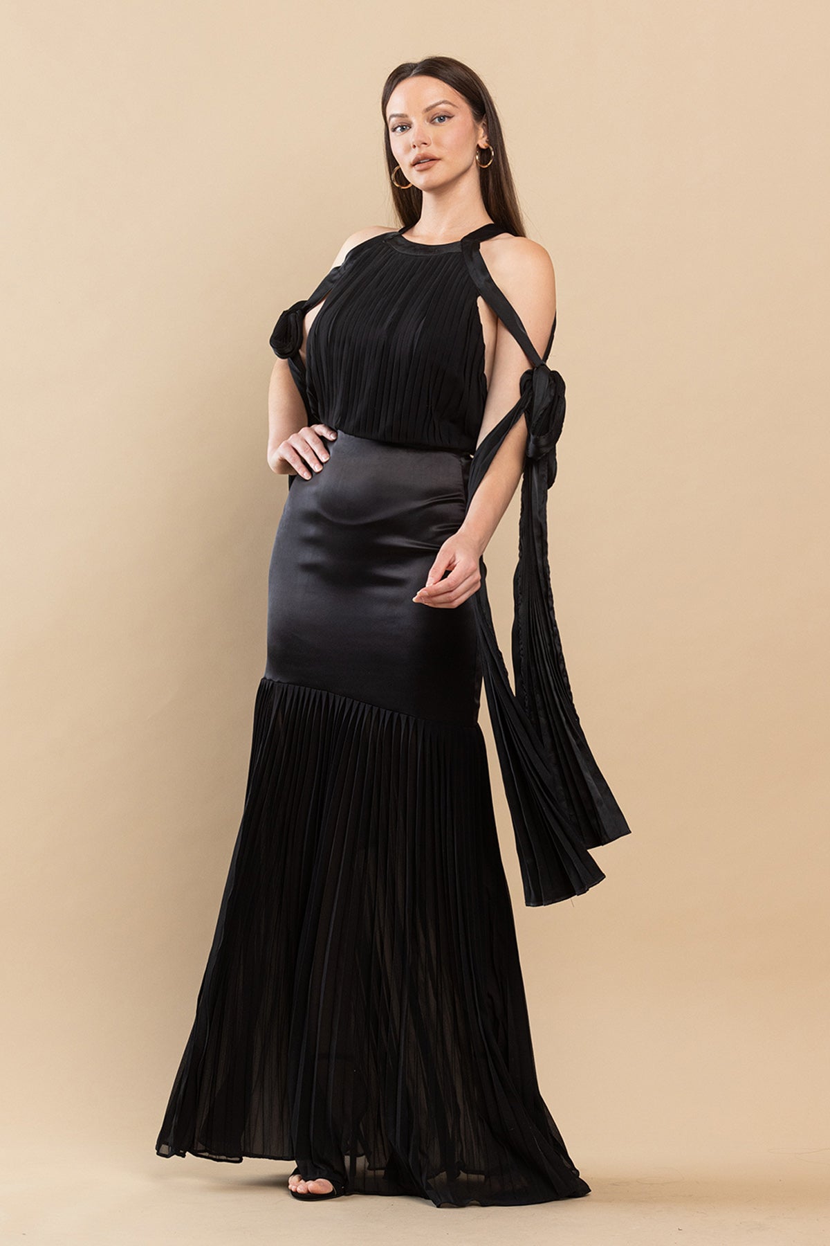 Formal Dresses Long Mermaid Pleated Satin Maxi Dress Black